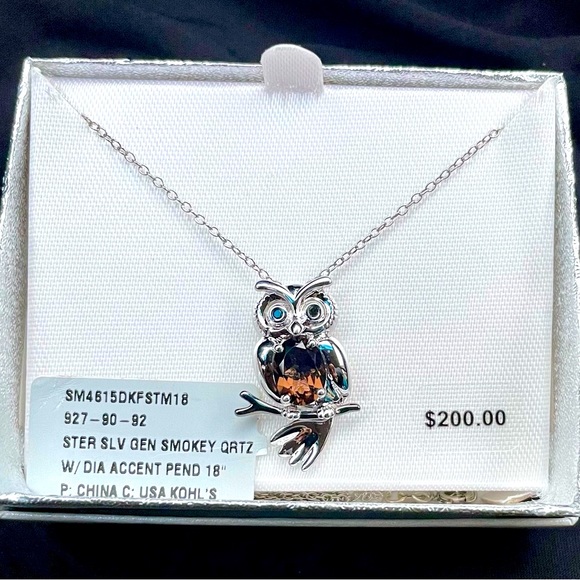 NWT Sterling Silver Smoky Quartz n Diamond Owl Necklace ๐ฆ๐ - Picture 3 of 4